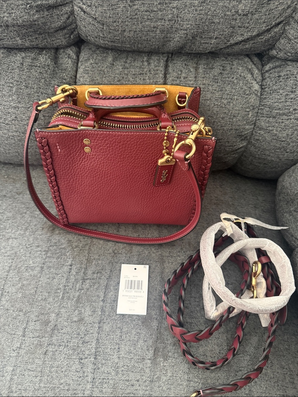 Coach Rouge 20 Pebbled Leather Crossbody Satchel in Burgundy with Gold Hardware